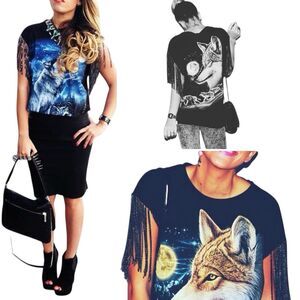 Double Side Wolf Print Black Shirt Fringe Chain Sleeves By Avion En Papier RARE